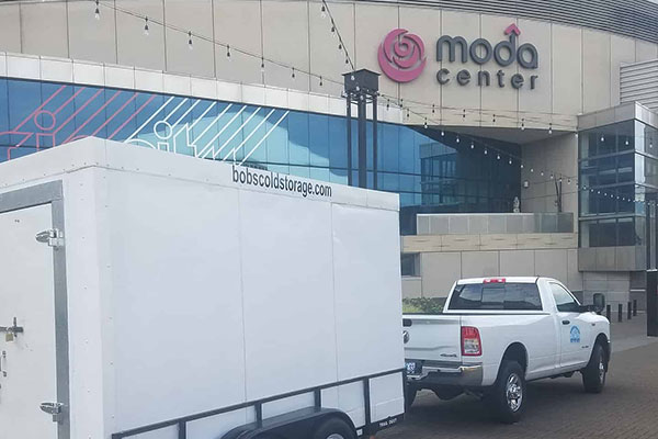 A Refirgerated Trailer being delivered to the Moda Center